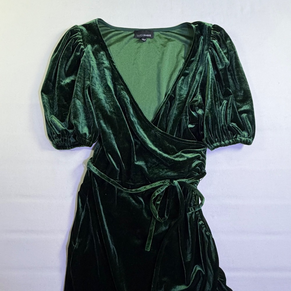 Lucy Paris Womens Emerald Green Velvet Wrap Dress Puff Sleeve High Low Small - Picture 4 of 12